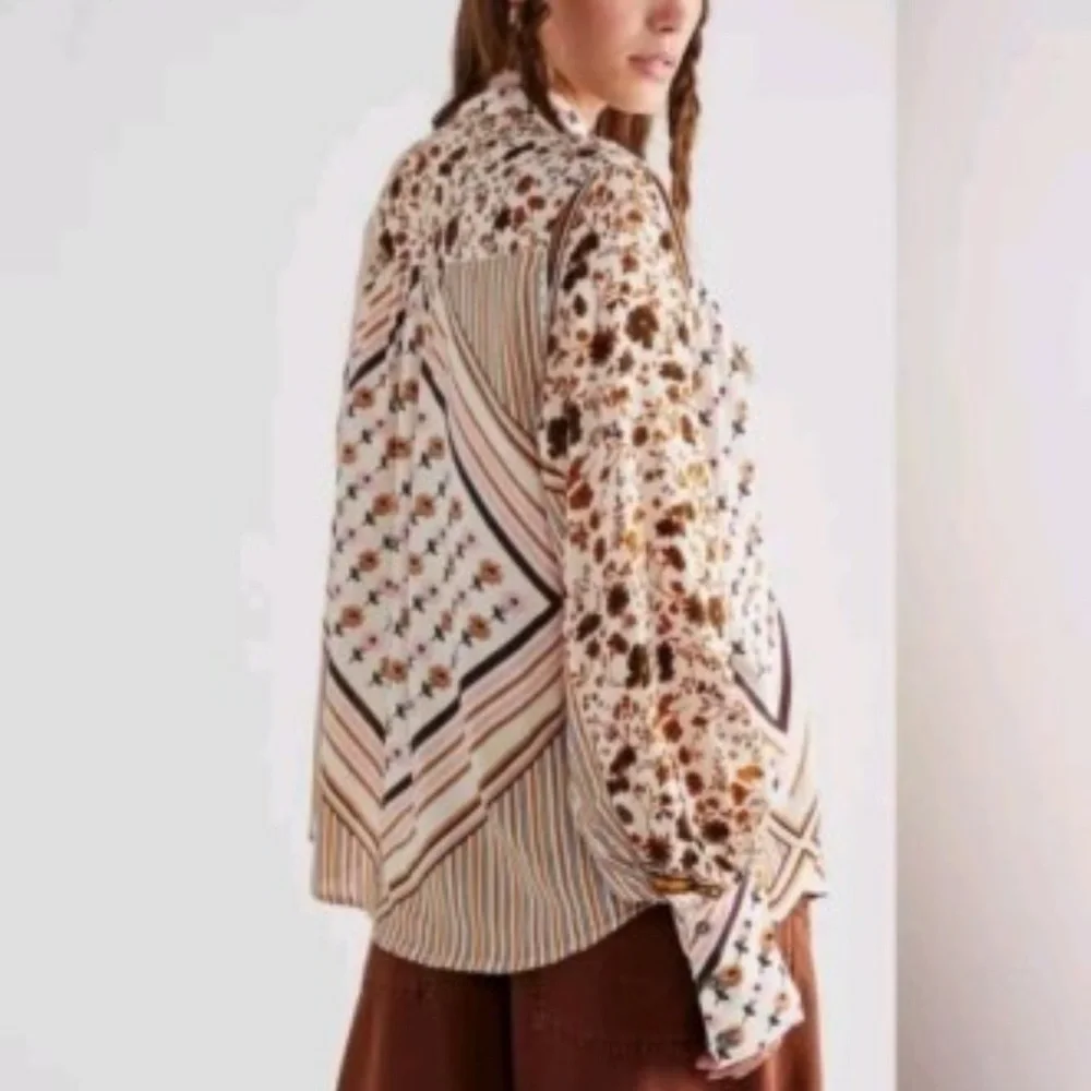 Free People Mixed Floral and Stripe Button-Down Shirt in Cream and Brown - Picture 4 of 8